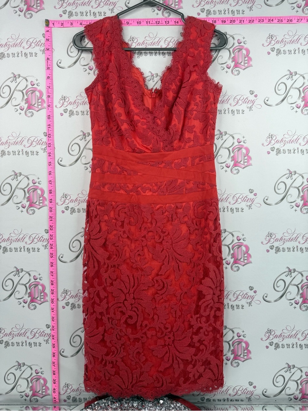 Tadashi Shoji dress Lacie floral Red Lace V-Neck Midi Dress Waistband Detail